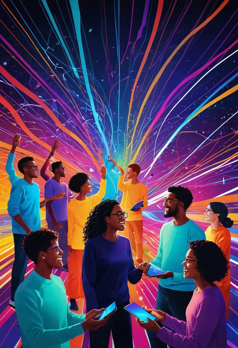 A vibrant digital landscape portraying a diverse group of people connecting through bright, glowing lines representing a network. Expressions of joy and elation are visible on their faces as they communicate through modern tech devices. The background features swirling colors that symbolize creativity and innovation, with abstract shapes rising around them. super-realistic. vibrant colors. digital art.