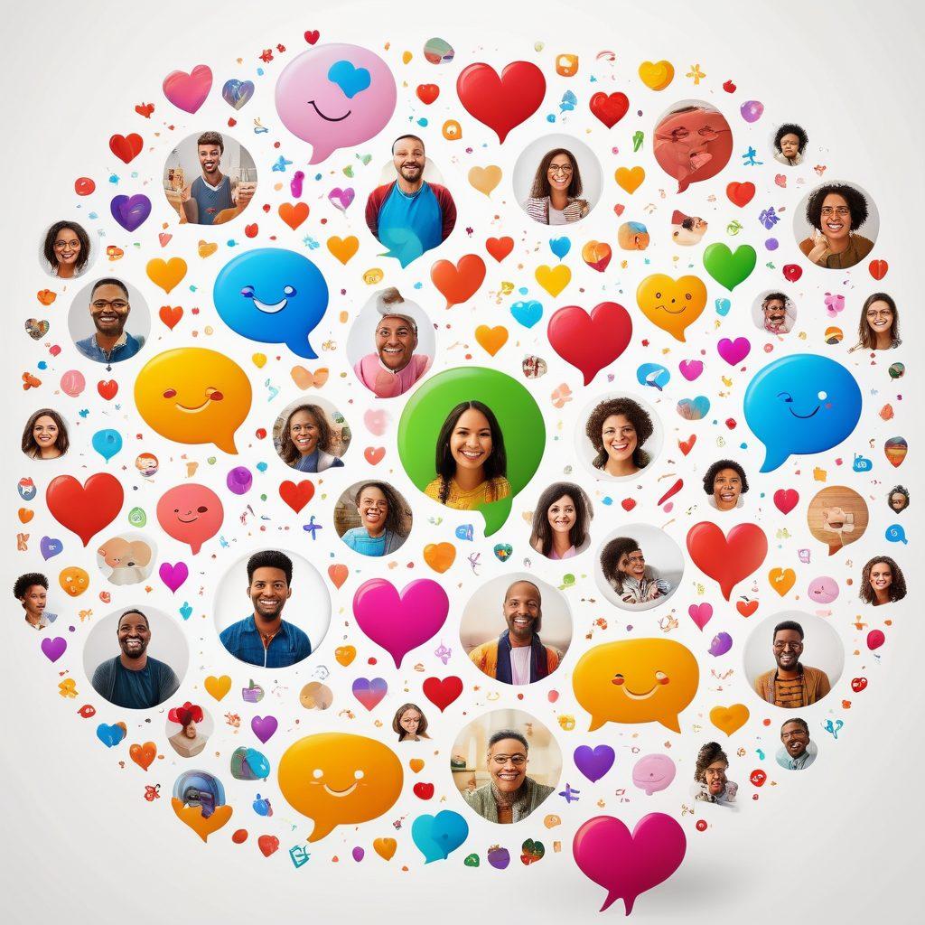 A lively digital gathering of diverse people in a vibrant online community, showcasing joyful interactions through video calls, chat bubbles, and colorful emojis. Include elements representing various cultures and backgrounds, surrounded by symbols of connection like hearts and hands. The atmosphere should be warm, inviting, and filled with light, encapsulating the essence of community. super-realistic. vibrant colors. white background.