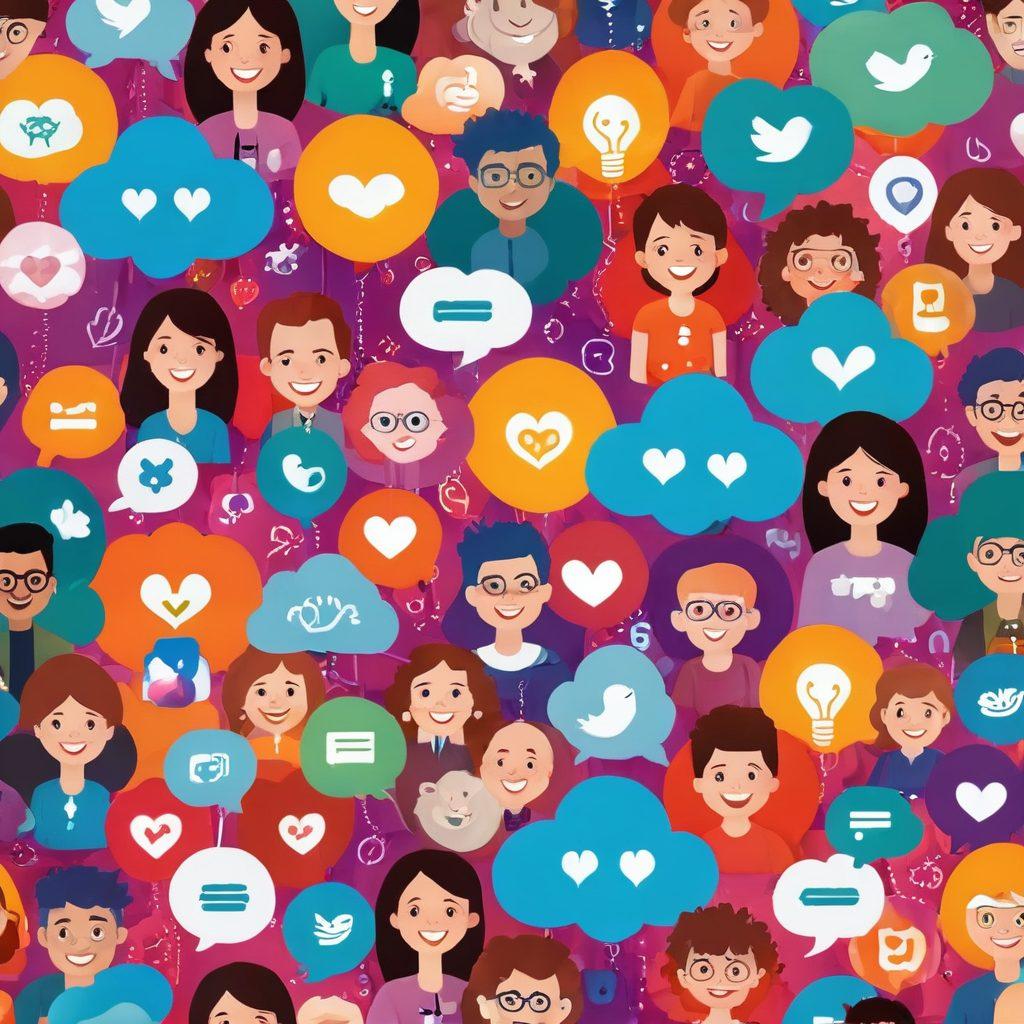 A vibrant and inviting web portal interface showcasing diverse individuals smiling and connecting through digital devices, surrounded by symbols of happiness like hearts and lightbulbs. The background features soft, warm colors that evoke a sense of community and joy, while elements like trees and clouds subtly represent growth and connectivity. Include small icons of social media, chat bubbles, and network lines interweaving among the characters. bright colors. digital art.